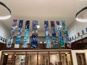 Air & Water Quilt- reworked by lauren renzetti and Joan Walder, for new Sacred space, edited into 8 quilts 10’6” x 24” each, from previous quilt piece that was 24’ x 29 ‘Neighbourhood Unitarian Universalist Congregation, Toronto 2021