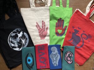 hand printed bags and pencil cases by lauren mckinley renzetti