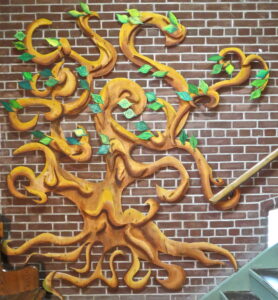 capital campaign tree for NUUC8'x10' wood carved and stained, leaves made by congregation 2015-2016 made by lauren renzetti