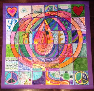 Chalice- Group Drawing to build a spiritual community 36 6” x6” in squares 36 participants, Neighbourhood Unitarian Universalist Congregation, Toronto 2017 design by lauren renzetti