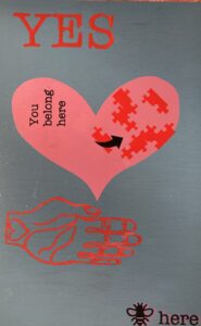 heart you belong here in blue silkscreen on painted wood lauren mckinley renzetti 2024
