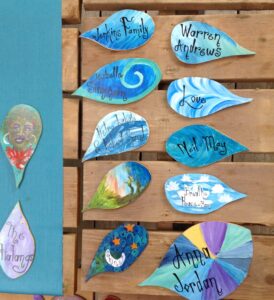blue leaves for capital campaign tree painted by community design by lauren renzetti 2018