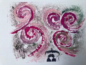 love explodes ,8 x 10 monoprint by lauren mckinley renzetti 2024