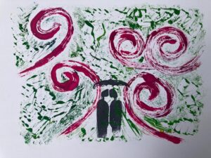 love is in the air ,8 x 10 monoprint by lauren mckinley renzetti 2024