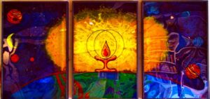 unicamp chalice of the world religions l acrylic on plexiglass, triptych, 3'x6' by Lauren renzetti