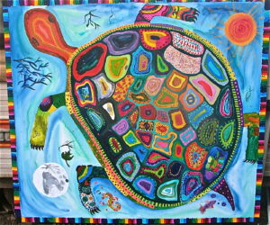 world turtle for unicamp 5' x 5' acrylic on canvas , design by lauren renzetti 155 participants, Unicamp of Ontario, Honeywood