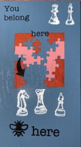 you belong all pieces are important blue silkscreen on painted wood lauren mckinley renzetti 2024